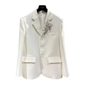 White Men’s Blazer Shiny Beadwork Slim Fit Formal Business Wedding Suit Tuxedo