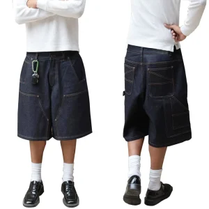 Wide Leg Multiple Pockets Men’s Long Shorts 15oz Streetwear Baggy Denim Jorts Double Knee Carpenter Raw Denim Shorts