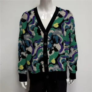 Winter Acrylic Men’s Abstract Art Jacquard Knit Cardigan Vintage V-Neck Button-Up Sweater Geometric Pattern Knitwear