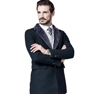 Winter Design Men’s Navy Wool Shearling Collar Waterproof Plus Size Woolen Overcoat