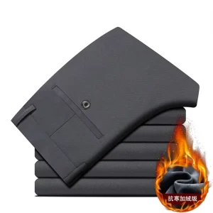 Winter Elastic Business Pants Plus Fleece Men’s Straight Slim Trousers Thick Long Trousers Casual Pants