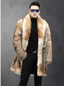 Winter Faux Wolf Fur Overcoat Trench Long Men’s Business Lapel Thick V-neck