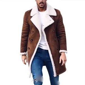 Winter Fur Fleece New Style Trench Coat Overcoat Male Lapel Warm Long Style Brown Men’s Jackets