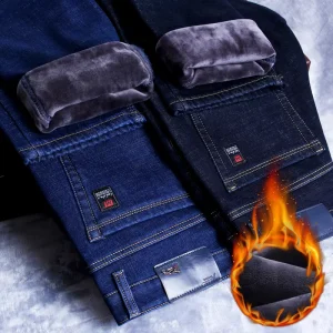 Winter Men’s Warm Slim Fit Jeans Business Fashion Thicken Denim Trousers Fleece Stretch Pants Black Blue