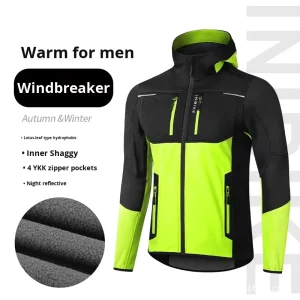 Winter Soft Shell Mountain Bike Riding Jacket Breathable Windproof Warm Elastic Multi Pocket Zipper Men’s Cycling Top