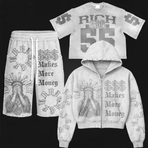 Winter Streetwear Men’s White 100% Cotton Acid Wash Flared Sun Faded Sweatpants and Zip Up Hoodie Set