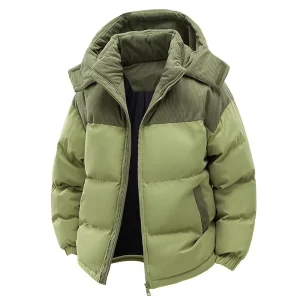 Winter Trendy Men’s Casual Cotton Bomber Jacket XL Vintage Stand Collar Zippered Front Logo Two-Way Waterproof Warm Hooded