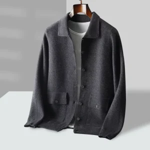 Wool Cardigan Men Plain Turn-down Collar Pocket Fall Winter Thick Wool Sweater Coat Men