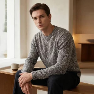 Wool Cotton Autumn Pullover Mens Marled Knit Sweater Old Money Style Crewneck Custom Logo Luxury Basic Knitwear Soft Comfortable