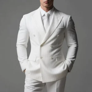 Wool Double Breasted Business Men’s Two Piece Slim Fit Suits Plus Size Color Striped