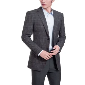 Wool Silk Men’s Plus Size Grey Plaid Business Suit Two Piece Set Slim Fit Single Breasted Formal Blazer and Trousers Office Wear