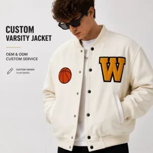Wool Varsity Jacket Men Cream Letterman Jacket Custom Logo Basketball Embroidery Baseball Jacket