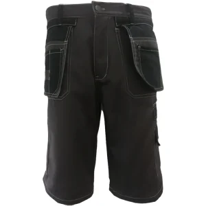 Workwear Multi Pocket Men’s Work Shorts Black Workwear Shorts White Contrast Stitching Washable and Long Lasting