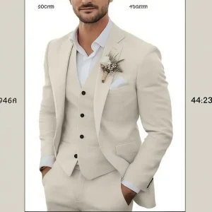 XiangHong Men’s Casual Lightweight Linen Waterproof Plus Size 3-Piece Suit Breathable Blazer Jacket Zipper Fly Vest Pants
