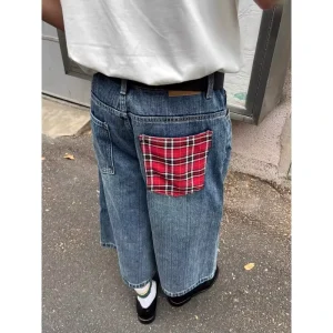 Y2k Baggy Vintage Blue Jorts Men’s High Waist Wide Leg Knee Length Custom Embroidered Casual Loose Summer Selvedge Denim Shorts
