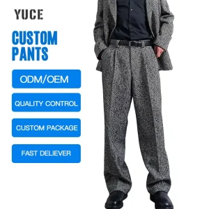 YUCE Customized Men’s Pleated Straight Leg Trousers Woolen Herringbone Suit Pants Vintage Jacquard Classic Tailored Pants