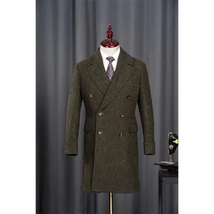 YY030 Men’s Italian Style Slim Woolen Overcoat Retro Herringbone Pattern Long Polo Coat