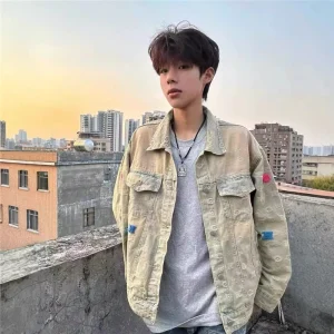 Yellow Mud Washed Vintage Denim Jacket Men’s Women’s Loose American Retro Top
