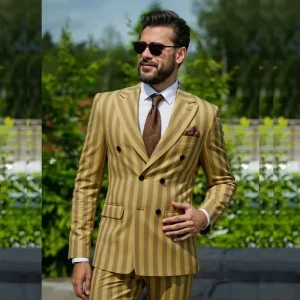 Yellow Wide Stripe Men Suits 2 Pcs Jacket Pant Sets Double Breasted Peaked Lapel Formal Business Groom Prom Male Custom Dress