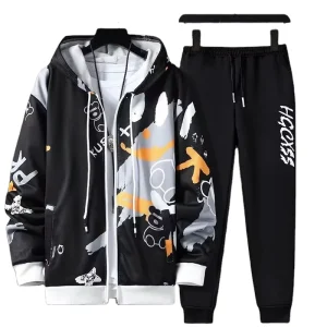 Youth Sports Suit Men’s Breathable Printed Casual Zipper Long-sleeved Hoodie