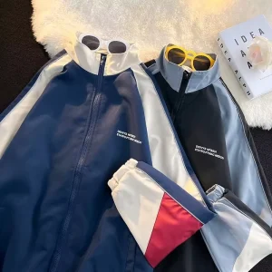 Youth Style Streetwear Jacket with Long Sleeves Standard Fit Color Block Design Baseball Collar Men’s Polyester