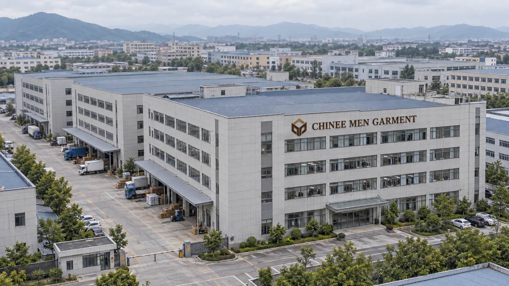Chinee Men Garment industrial park with branded factory signage