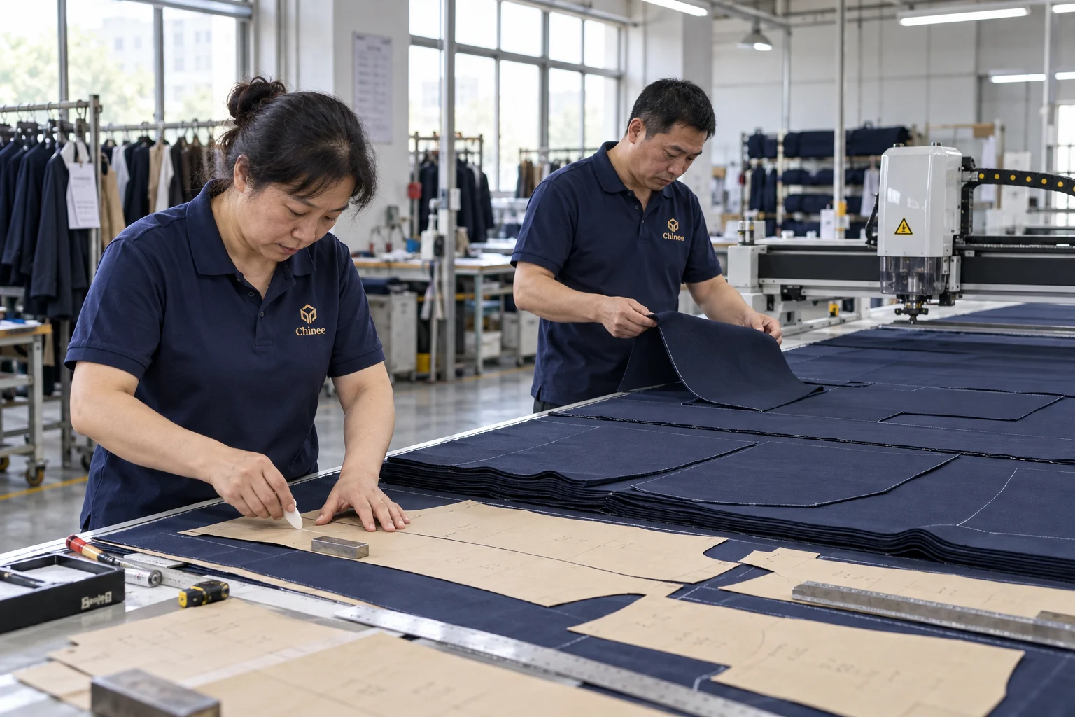 Chinee garment workers checking cut fabric panels