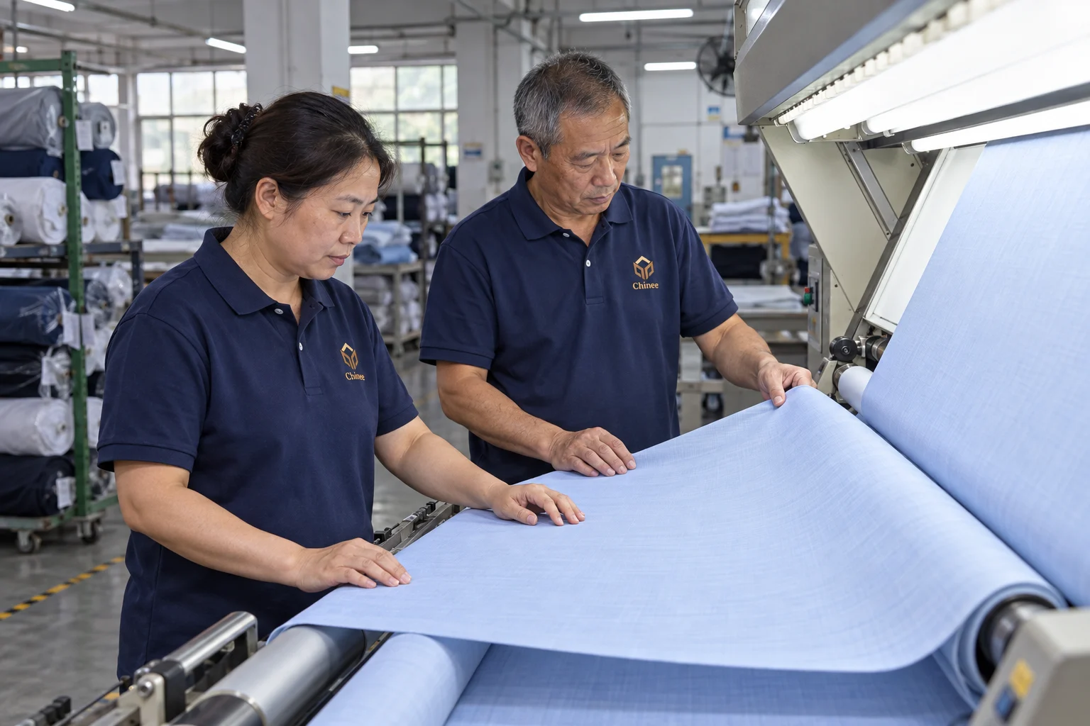 Chinese garment workers inspecting fabric in Chinee chest-logo uniforms