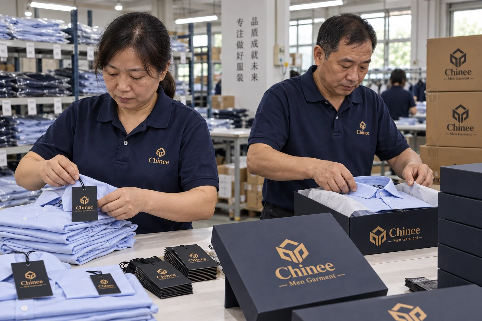 Chinee workers checking hangtags and packing branded menswear