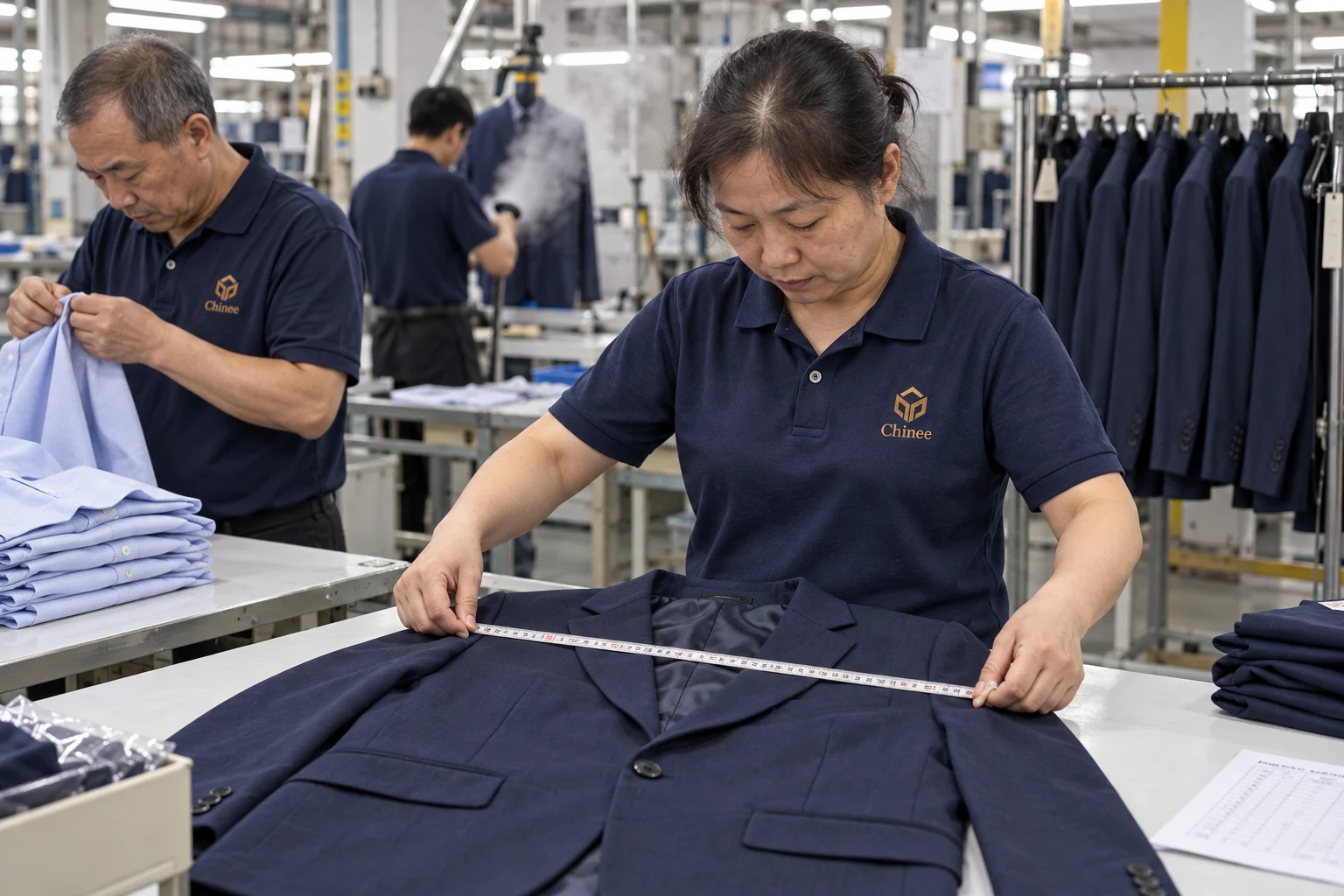 Chinee workers measuring and checking finished menswear