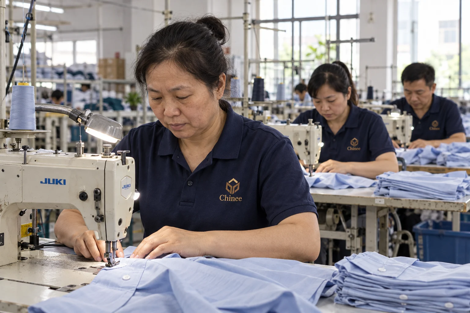 Chinese workers sewing shirts in Chinee chest-logo uniforms
